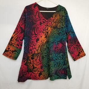 Caleoas Women's Colorful Art To Wear Burnout Top Blouse V-Neck Long Slv Size 1X